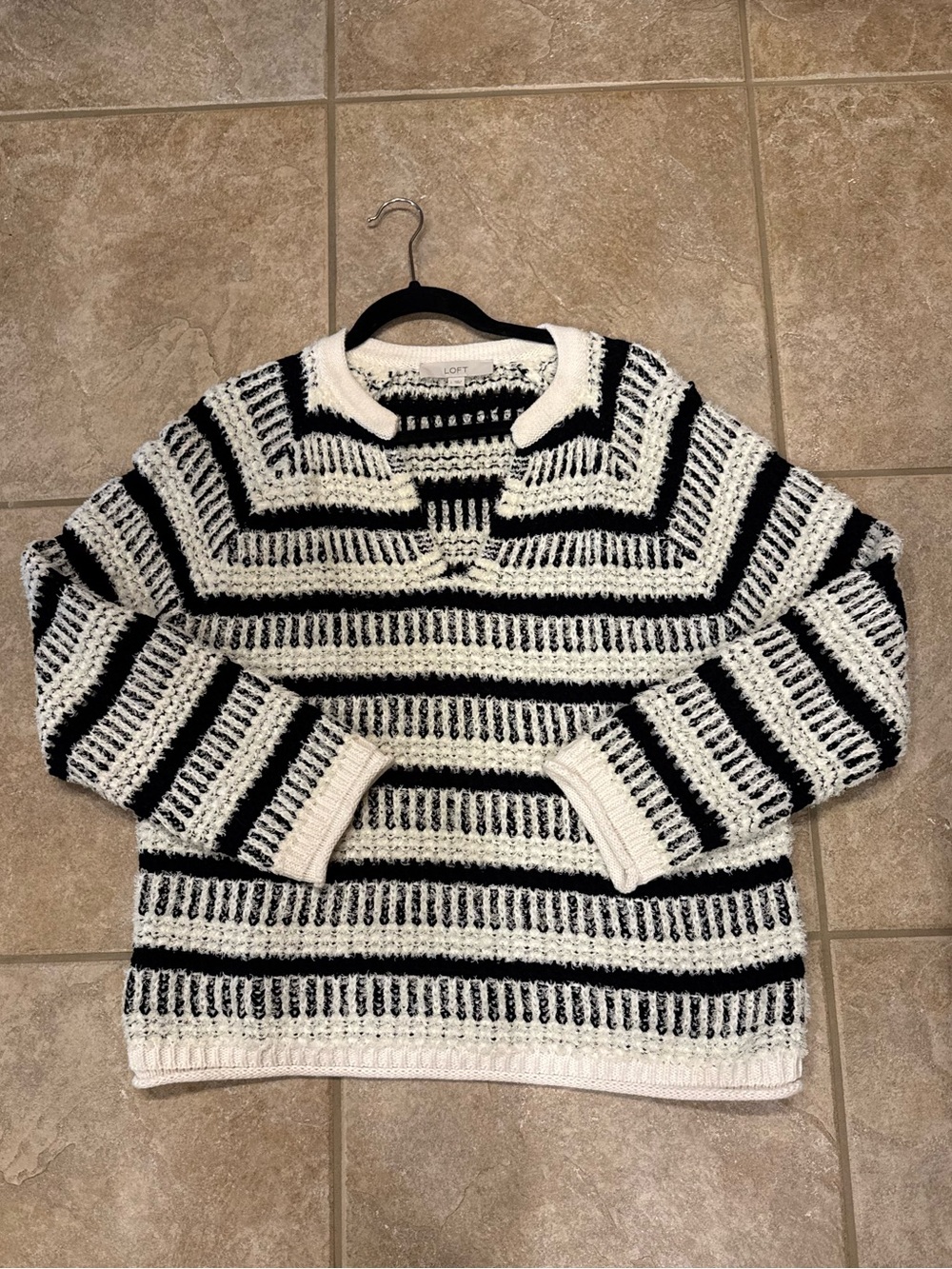 LOFT Black & White Knit Striped Crew V Sweater